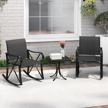 Tangkula 3 Piece Patio Rocking Set, 2 Rocking Chairs with Tempered Glass Side Table, Small Patio Furniture Set with Smooth Rocking Motion, Outdoor Rocker Chairs Bistro Set for Porch, Balcony (Black)