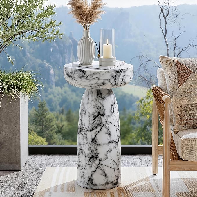 Marble Side Table, 24" Modern Accent Table with Pedestal Stand, Durable Faux Marble Side Table for Small Spaces, Marble Look Coffee Table Accent Drink Tables for Living Room Patio Balcony
