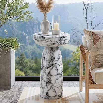 Marble Side Table, 24" Modern Accent Table with Pedestal Stand, Durable Faux Marble Side Table for Small Spaces, Marble Look Coffee Table Accent Drink Tables for Living Room Patio Balcony