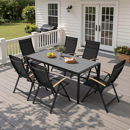 Crestlive Products Outdoor Dining Table for 6, 71in Aluminum Patio Table with Umbrella Hole Weather-Resistant Rectangle Outside Table for Garden Backyard Indoor, Grey