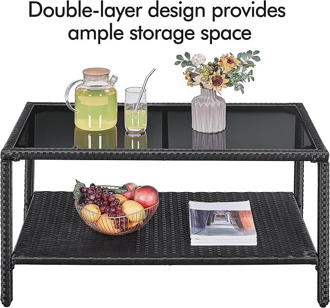 Yaheetech Outdoor Wicker Coffee Side Table, All-Weather Rattan Patio Storage Furniture with Tempered Glass Top for Garden, Black