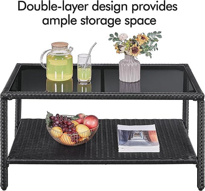 Yaheetech Outdoor Wicker Coffee Side Table, All-Weather Rattan Patio Storage Furniture with Tempered Glass Top for Garden, Black