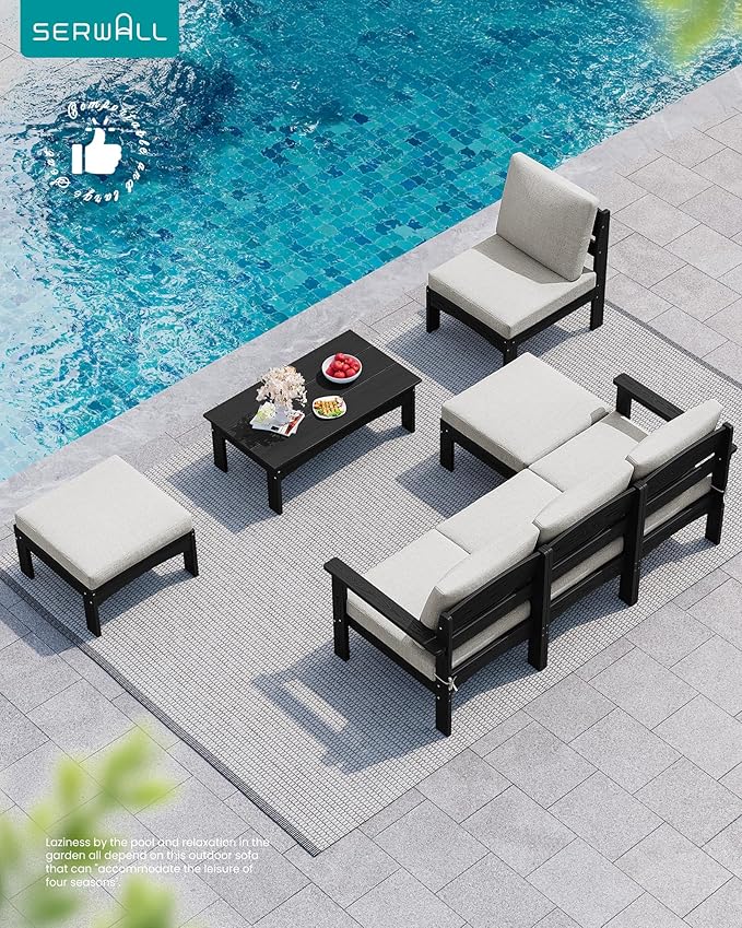 SERWALL 3 Pieces Patio Conversation Set, All-Weather HDPE Outdoor Sofas with Cushions and Coffee Table - Photo 9