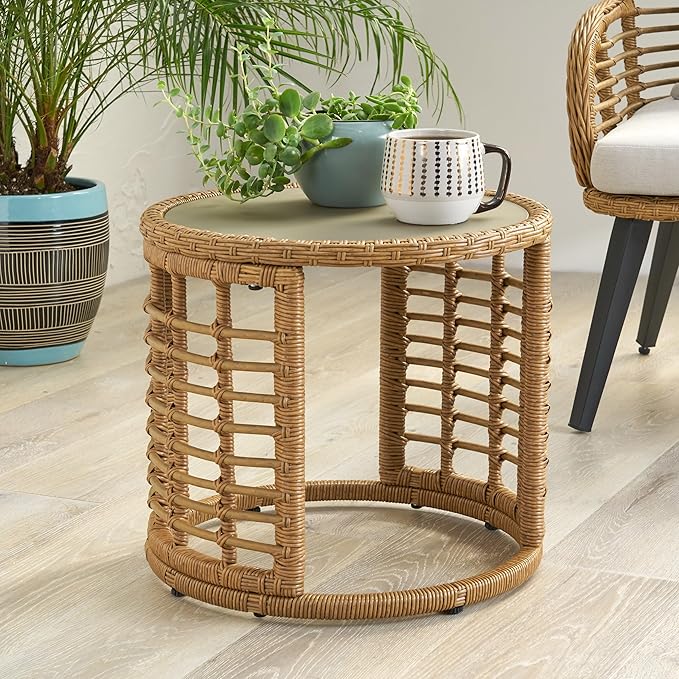 F-Light Rattan Side Tables, Outdoor Round Rattan Coffee Table with Tempered Glass Top for Porch Bistro Set, Brown