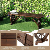 Giantex 2-Person Wooden Outdoor Bench with Wagon Wheel Legs, Slatted Seat, Rustic Country Design - Photo 4