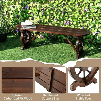 Giantex 2-Person Wooden Outdoor Bench with Wagon Wheel Legs, Slatted Seat, Rustic Country Design, 710 Lbs Weight Capacity, Patio Bench for Porch, Lawn, Backyard, Park, Garden, Brown (47”)
