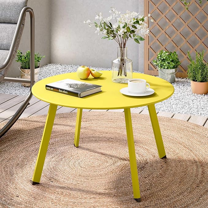 LAUSAINT HOME Patio Round Coffee Table, 27.6” Weather Resistant Heavy Duty Outdoor Metal Patio Side End Table with Square Foot for Outside Deck, Porch, Garden, Yellow