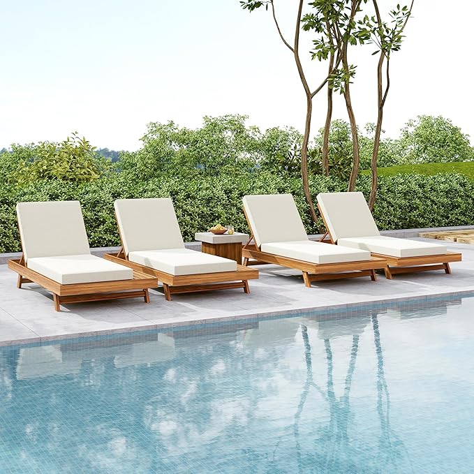 Christopher Knight Home Hamill Acacia Wood Chaise Lounge Chair Outdoor Set of 4, Adjustable Backrest Sun Lounger Recliner, Patio Outdoor Chaise Lounge with 4" Thick Water-Resistant Cushion,Teak+Cream