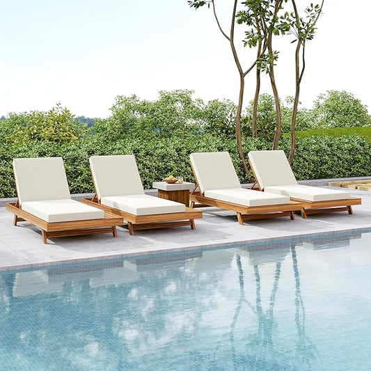 Christopher Knight Home Hamill Acacia Wood Chaise Lounge Chair Outdoor Set of 4, Adjustable Backrest Sun Lounger Recliner, Patio Outdoor Chaise Lounge with 4" Thick Water-Resistant Cushion,Teak+Cream