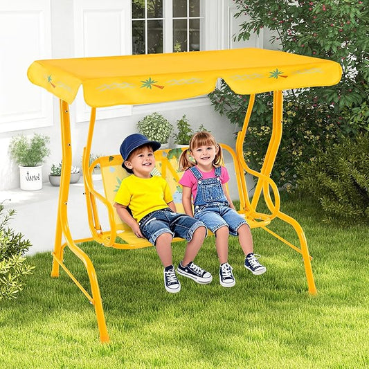 KOTEK Kids Patio Swing, 2-Seater Outdoor Hanging Bench with Adjustable Canopy, Safety Belt & Curved Armrest, Kids Swing Chair with Stand for Backyard, Garden, Lawn, Porch (Yellow Alligator)