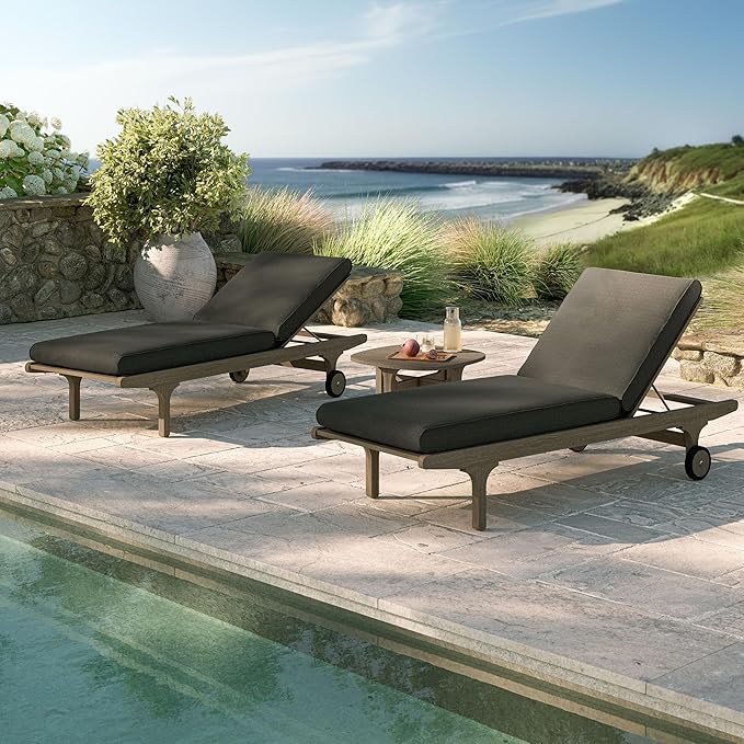 Modway Saratoga Teak Wood Set of 2 Chaise Lounge Chairs and Side Table in Flint Gray - 3-Piece Outdoor Furniture Set - Photo 5