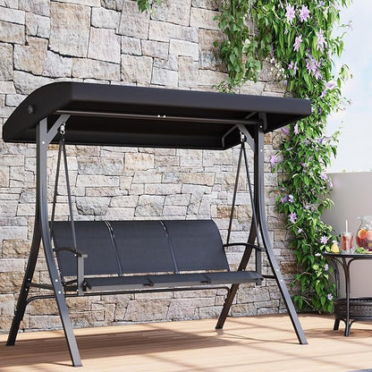 GAOMON 3-Seat Patio Swing Chair with Adjustable Canopy & Armrests, Breathable Textilene Fabric Seat & Backrest, Outdoor Porch Hanging Swing Bench for Garden, Poolside, Backyard – Black