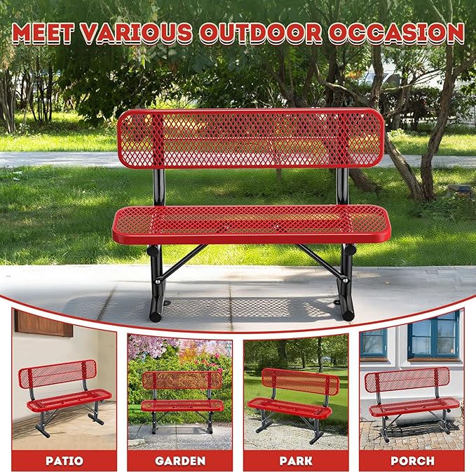 Thermoplastic Coated Iron Park Bench for Outside, Heavy Duty Metal Garden Bench, Expanded Commercial Grade Seating for Shopping Malls, Lawn Yard Porch Entryway (Red with Backrest, 48IN)