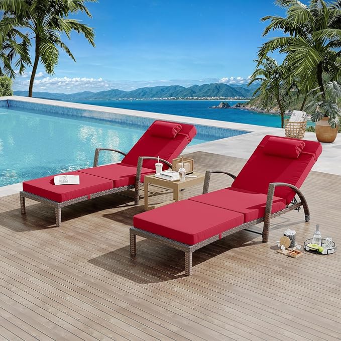 Outdoor Chaise Lounge Set of 2 Rattan Patio Folding Chaise Lounge Adjustable 5 Position Back Patio Pool Lounge Chair with Cushion Pillow for Poolside Backyard Deck Porch Red