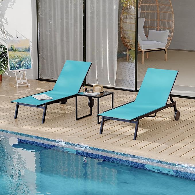 GarveeLife 3Pcs Patio Chaise Lounge Chairs with Side Table, Adjustable Backrest Poolside Lounger Chairs with Wheels - Photo 7