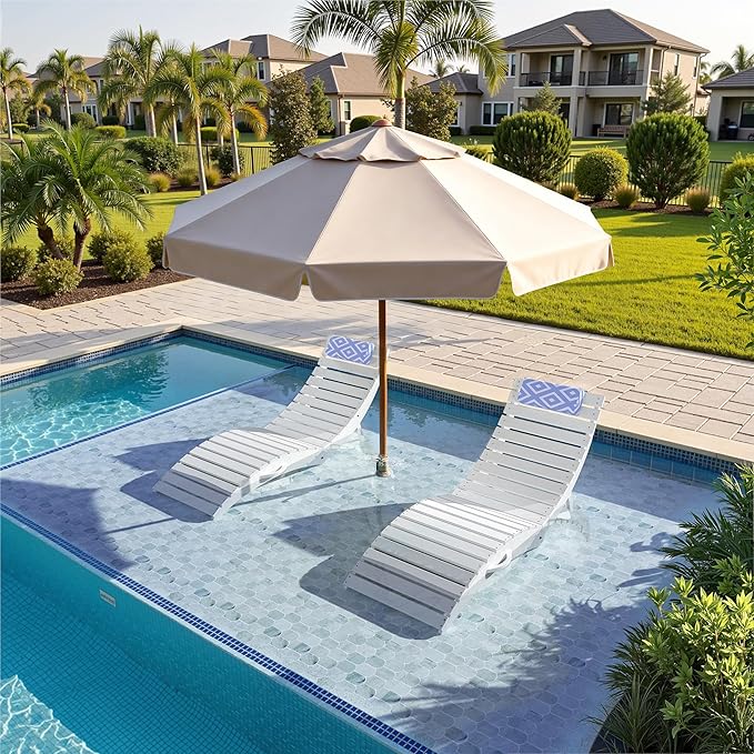 nalone Folding Pool Lounge Chair, HDPE Outdoor Pool Chaise Lounge with Pillow, Pre-Assembled Tanning Chairs with Wheels for Pool Beach Patio (1, White)