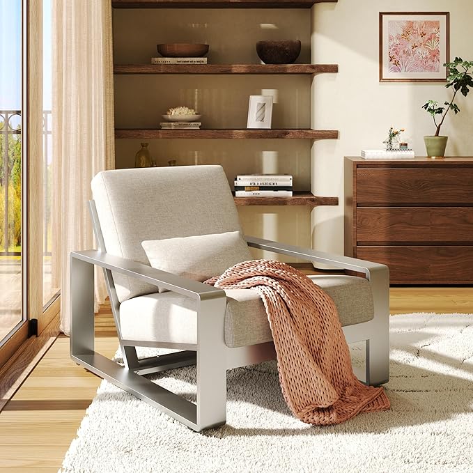 Christopher Knight Home Aspen Outdoor Aluminum Club Chair, Durable Aluminum Lounge Chair, Armchair with Cushions, Metal Accent Chair, Tilt Backrest Recliner for Backyard, Garden, Balcony, Silver+Beige