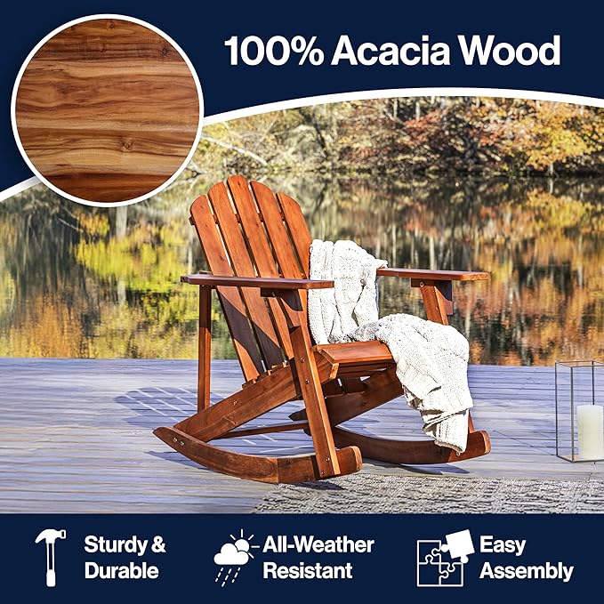 JONATHAN Y PAT1000A Kiawah Outdoor Patio Classic Acacia Wood Adirondack Rocking Chair for Garden, Lawn, Backyard, Pool, Deck, Beach, Firepit, Light Brown