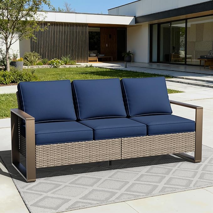 75" Patio Metal Wicker Sofa, All Weather Outdoor Rattan 3-Seat Sofa Couch with Premium Cushions & Rectangular Framed - Photo 9