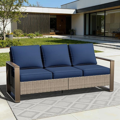 75" Patio Metal Wicker Sofa, All Weather Outdoor Rattan 3-Seat Sofa Couch with Premium Cushions & Rectangular Framed Wood-Looking Metal Armrest for Garden Backyard Porch Deck, Dark Blue