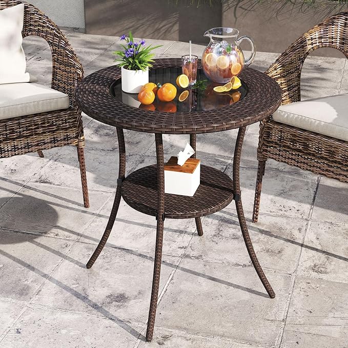 Giantex Round Rattan Wicker Outdoor Coffee Table Glass Top Steel Frame Patio Furniture W/Lower Shelf (Round)