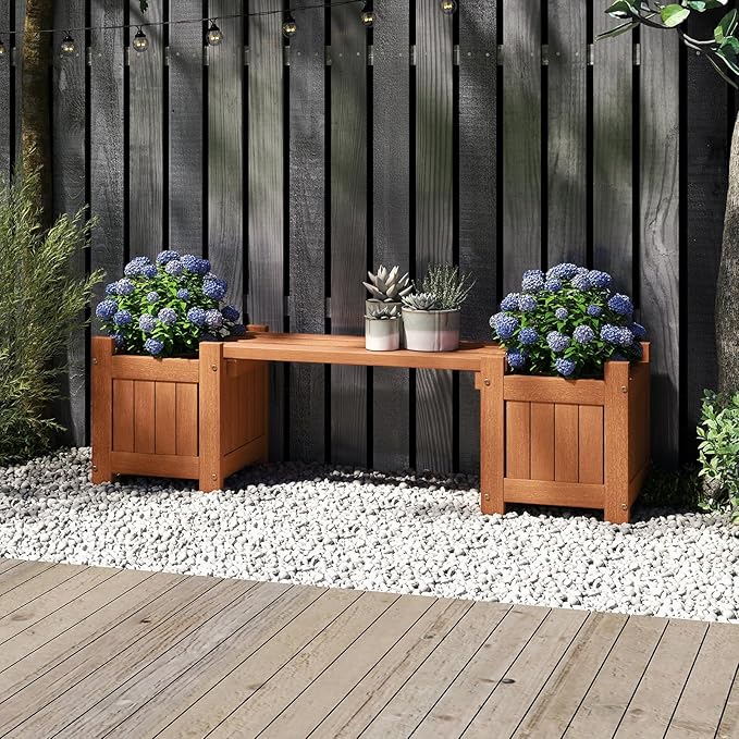 Giantex 2-in-1 Outdoor Bench with 2 Raised Garden Beds, Wood with Teak Oil Finish, Planter Boxes with Open-Ended Base, Garden Bench Seat for Porch Balcony Lawn Yard, DIY Assembly, 42"x11"x11.5"
