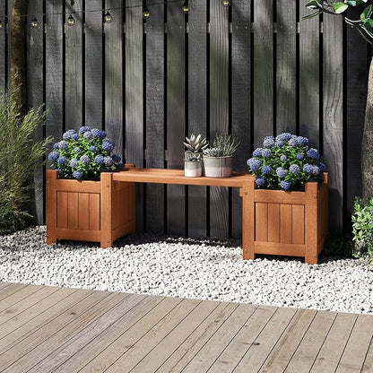 Giantex 2-in-1 Outdoor Bench with 4 Planter Boxes, Wood with Teak Oil Finish, Raised Garden Beds with Open-Ended Base, Garden Bench Seat for Porch Balcony Lawn Yard, DIY Assembly, 42"x11"x11.5"