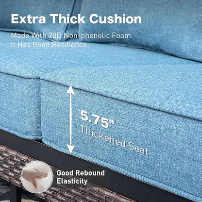 Metal Patio Sofa with 5.75" Extra Thick Cushion, 3-Seater Deep Seating & High-Back Black Frame Outdoor Couch All Weather Outdoor Seating Furniture for Deck Porch, Denim Blue