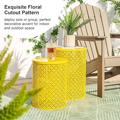 Glitzhome Outdoor Side Table Set of 2, Decorative Garden Stool for Patio Heavy Duty Metal Frame Accent Table Modern End Table, Glossy Yellow