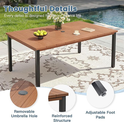 DIFY 63" Rectangle Outdoor Dining Table for 6, Slatted Metal Patio Table with Adjustable Umbrella Hole, All-Weather Patio Dining Table for Garden Backyard Deck, Walnut Tabletop