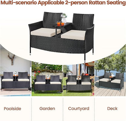 Yaheetech Patio Loveseat, Outdoor Wicker Double Chair w/Side Table, PE Rattan Furniture Set for Two People, Love Seat w/2 Removable Cushions & 1 Tempered Glass Side Table, Black/Beige