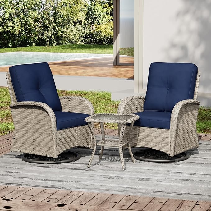 Joyside Outdoor Swivel Rocker Chairs, 3 Piece Wicker Patio Set with Thickened Cushions, High Back, Deep Seating - Photo 8