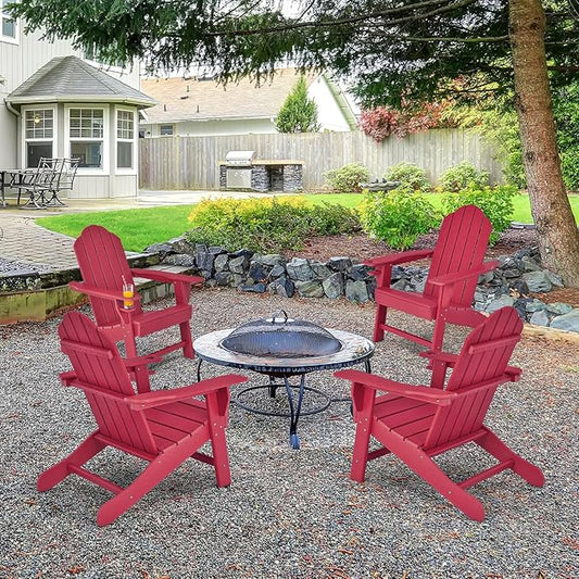 Giantex Adirondack Chair, HDPE All-Weather Patio Chair with Built-in Cup Holder, Outside Composite Chairs, Lawn Chair for Campfire, Deck, Garden, Yard, Balcony, Outdoor Fire Pit Chairs (4, Red)