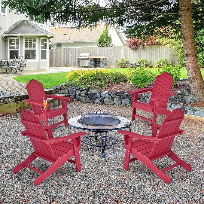 Giantex Adirondack Chair, HDPE All-Weather Patio Chair with Built-in Cup Holder, Outside Composite Chairs, Lawn Chair for Campfire, Deck, Garden, Yard, Balcony, Outdoor Fire Pit Chairs (2, Red)