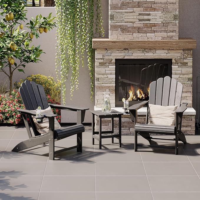 Costaelm Lakeview 3-Piece Outdoor Patio HDPE Adirondack Chair with Cup Holder and Table Set, Gray
