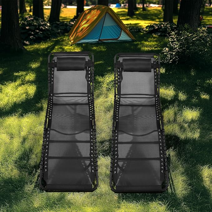 Unovivy Outdoor Chaise Lounge Chairs Set of 2, Portable Folding Pool Lounge Chair with 5-Position Reclining Back, Teslin Tanning Chair for Pool, Beach, Patio, Sunbathing