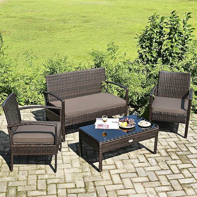 COSTWAY Outdoor Patio Furniture Set 4 Pieces, Wicker Conversation Set with Tempered Glass Topped Table, Seat Cushions, Rattan Chair Wicker Sofa for Backyard Balcony Porch Poolside