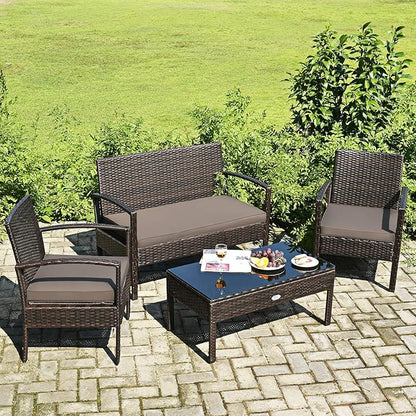 COSTWAY Outdoor Patio Furniture Set 4 Pieces, Wicker Conversation Set with Tempered Glass Topped Table, Seat Cushions, Rattan Chair Wicker Sofa for Backyard Balcony Porch Poolside
