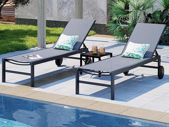 SUNLEI Lounge Chair for Outside Set of 2, Patio Chaise Lounge Outdoor w/ 5-Position Adjustable Backrest, Movable Pool Recliner Lounge Chairs, Tanning Chair for Patio, Light Grey