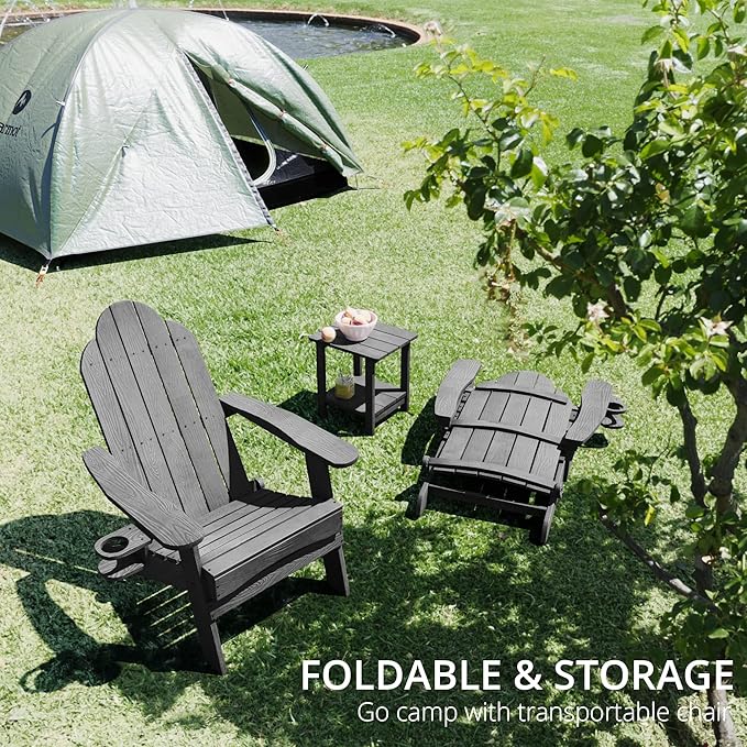 LUE BONA Folding Adirondack Chair Set of 5, Dark Gray HDPS Fire Pit Patio Chairs Weather Resistant, Modern Plastic Outdoor Chairs with Cup Holder