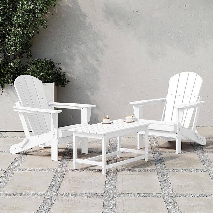 Costaelm Lakeview 3-Piece Adirondack Chairs with Cup Holders and Coffee Table Set, White