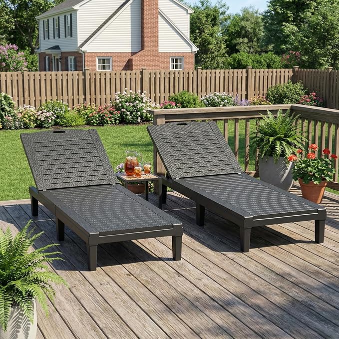 2PCS Outdoor Lounge Chairs 5 Position Adjustable, Pool Chairs, Sun Lounger, Patio Chaise Lounges PP Black, 74.06x11.02x34.65in