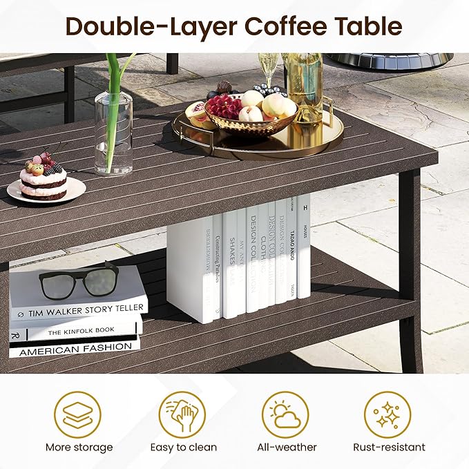 Kiss the Water Metal Outdoor Coffee Table, 2-Tier Storage Square Patio Side Table, All-Weather Coffee Side Table for Patio End Porch Backyard Garden, Khaki/Large