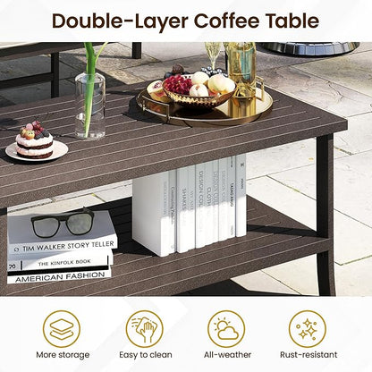 Kiss the Water Metal Outdoor Coffee Table, 2-Tier Storage Square Patio Side Table, All-Weather Coffee Side Table for Patio End Porch Backyard Garden, Khaki/Large