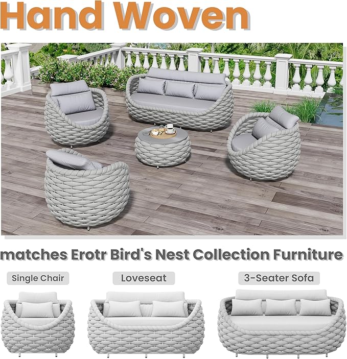 Short Round Patio Coffee Table: Hand Woven Rope Side Tables Assembled - Aluminum Outdoor Accent Table Modern - Metal - Photo 4