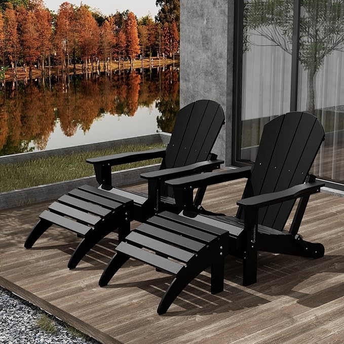 WestinTrends Malibu Outdoor Lounge Chair Set, 4-Pieces Adirondack Chair Set of 2 with Ottoman, All Weather Poly Lumber Patio Lawn Folding Chair for Outside Pool Beach, Black