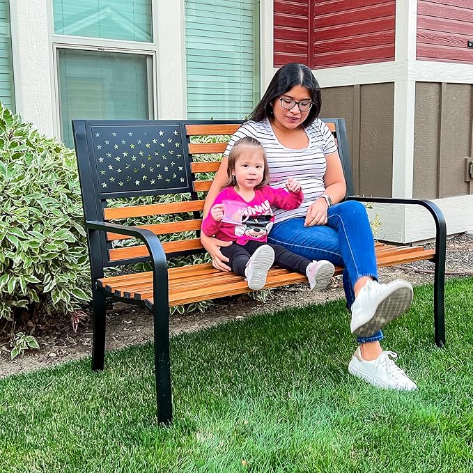 50" Garden Bench Outdoor Bench with American Flag Style, Cast Iron Metal Frame Sturdy Patio Park Bench Arch Legs for Porch,Lawn,Garden,Yard (Yellow-Brown)