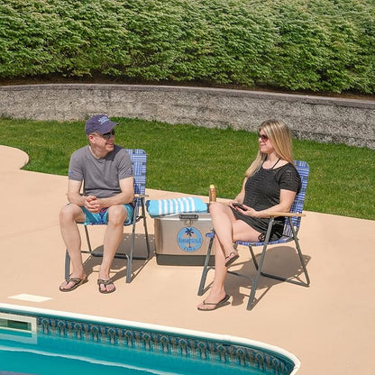 Garden Elements Folding Patio & Lawn Chairs – Steel Frame with Blue Woven Fabric and Wooden Armrests, Comfortable Full-Size Outdoor Chairs for Backyard, Camping, or Events (Pack of 2)