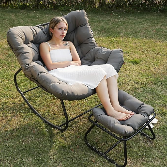 Wisteria Lane Patio Rocking Chair with Ottoman, Outdoor Indoor Rocking Egg Chair with Cushions, Metal Lounge Chair Oversized Papasan Chair, Outdoor Wicker Reading Chair for Porch Garden, Dark Grey