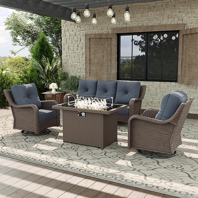 5 Piece Patio Furniture Set with Fire Pit Table, All-Weather Wicker Outdoor Conversation Set with Swivel Rocking Chair and 6 Inch Thick Cushions